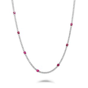 14k white gold diamond and ruby tennis necklace. - 11575