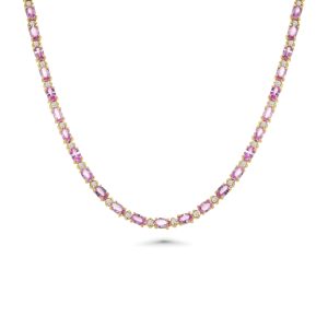 14k yellow gold pink sapphire and diamond tennis necklace. - 11743