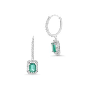 14k white gold diamond and emerald drop earrings. - 11092