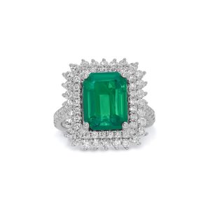 18k white gold diamond and emerald ring. - 11358