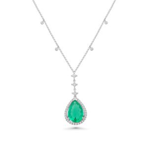 18k white gold emerald and diamond drop necklace. - 11732
