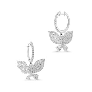 18k white gold diamond butterfly hoop earrings. - 10713