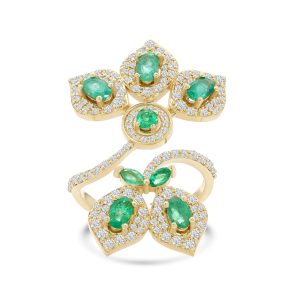 14k yellow gold diamond and emerald cocktail ring. - 10779
