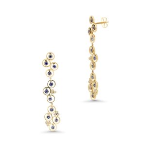 14k yellow gold diamond and sapphire drop earrings. - 10926