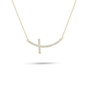 14k yellow gold diamond cross necklace. - 10959