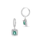 14k white gold Emerald and diamond drop earrings. - 11090