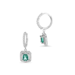 14k white gold Emerald and diamond drop earrings. - 11090