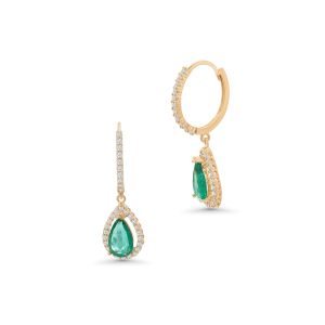 14k yellow gold emerald and diamond drop earrings. - 11094