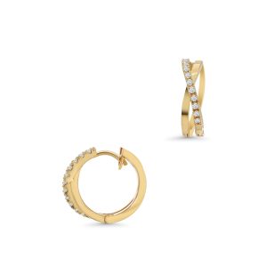 14k yellow gold diamond crisscross huggy earrings. - 11603