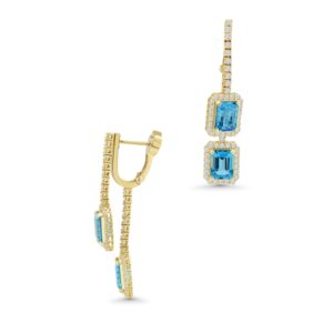 14k yellow gold diamond and blue topaz drop earrings. - 11693